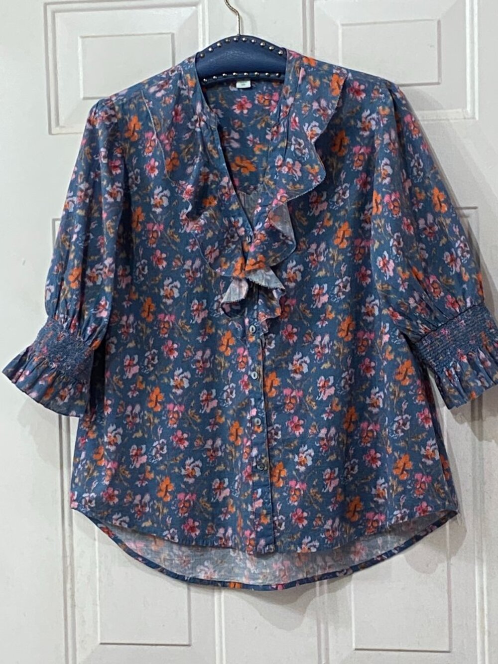 Sundance Sz S Blouse Button Up 3/4 Sleeve Ruffle V-Neck Blue Multicolor Floral